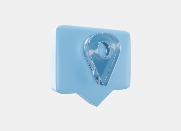 Speech bubble with location pin in crystal glass style 3d render GPS location symbol pin point