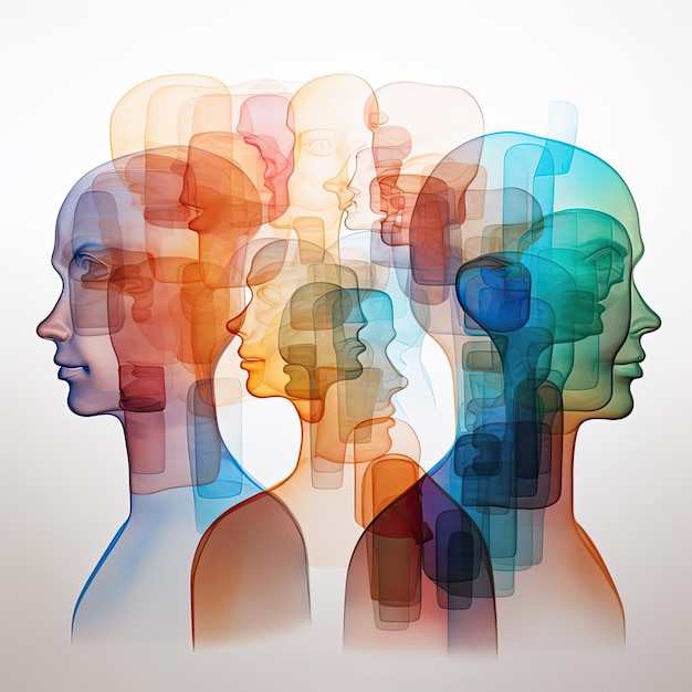 speech bubbles overlapping the heads of different people with the bottom colored