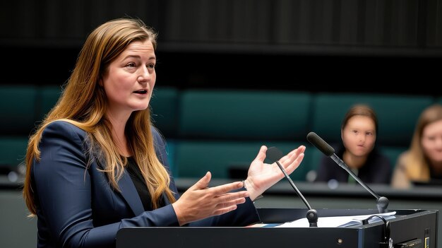 Speech in parliament speaker using hand gestures to make a point