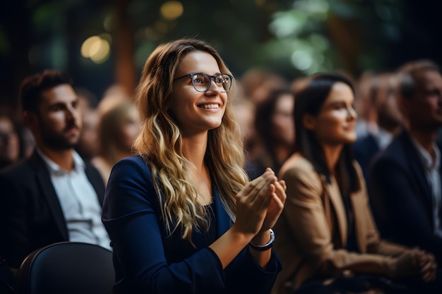 Photo speech young woman sitting in a crowded audience at a business conference generative ai