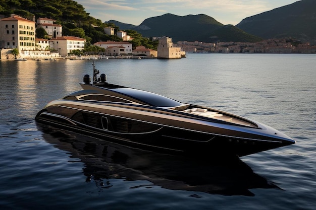 Photo a speed boat is in the water with a mountain in the background