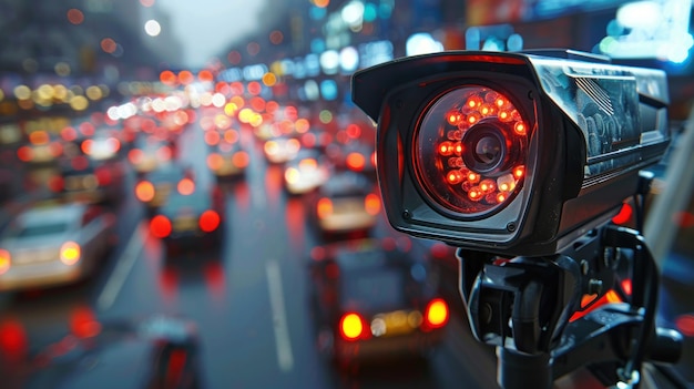 Photo speed camera monitoring busy traffic road the cameras speed control on the road generative ai