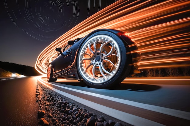 Foto ruota di un'auto ad alta velocità su una strada concetto di officina per automobili e pneumatici ai generativa