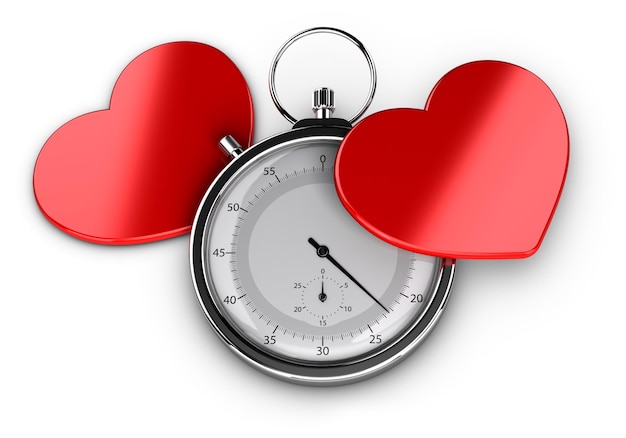 Speed dating concept of liefde op het eerste gezicht symbool, twee harten met een chronometer op witte achtergrond