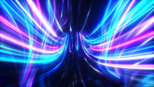 The speed of digital lights, neon beams moving through the tunnels of digital technology. Space time concept. 