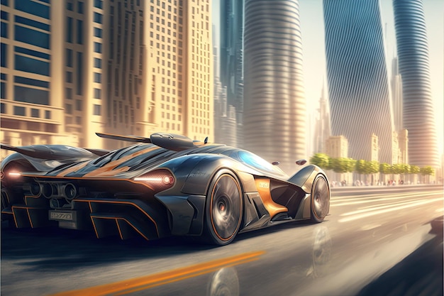 Speed hypercar rushes through the city against backdrop of skyscrapers and highrise buildings