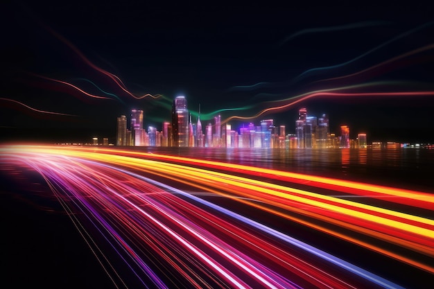 Скоростные световые тропы через умный современный мега-город и небоскребы города с неоном Generative Ai