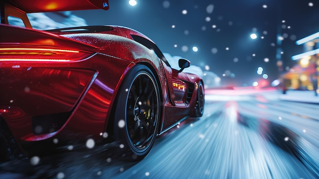 Speed tracking shot of racing racing car on winter season