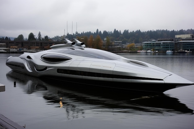 A speedboat is shown in a body of water.