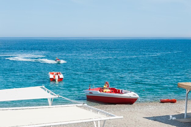 Speedboats on the beach in Kemer, Turkey. Water extreme sports