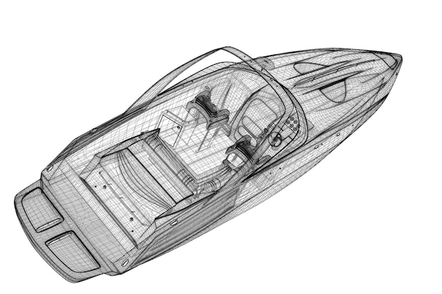 Foto speedboot, speeding powerboat, 3d-model carrosseriestructuur, draadmodel