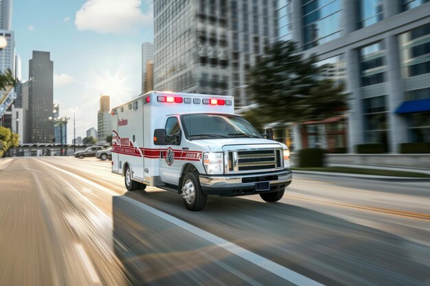 Photo speeding ambulance navigates through busy city street with motion blur effect