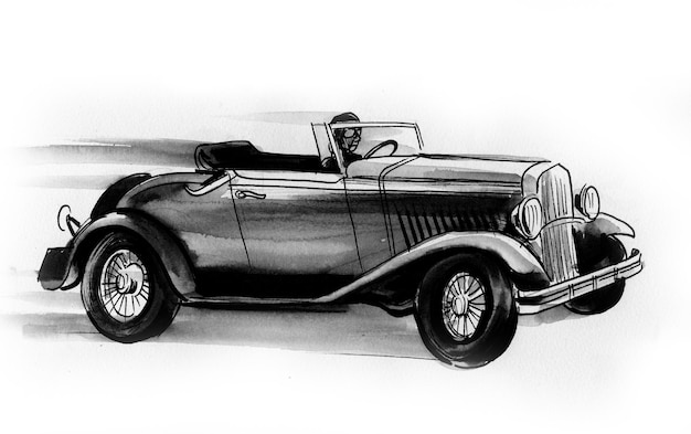 Speeding retro automobile. Ink black and white drawing