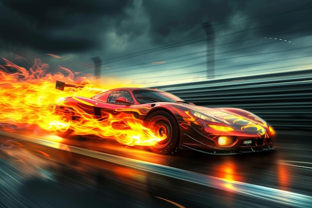 Foto auto sportiva in velocità inghiottita dalle fiamme sull'asfalto
