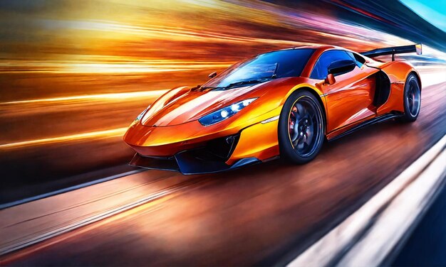 Photo speeding sports car on highway powerful acceleration of a supercar