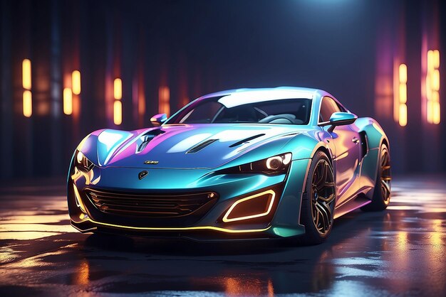 Speeding Sports Car On Neon Highway Powerful acceleration of a supercar on colorful lights and trails