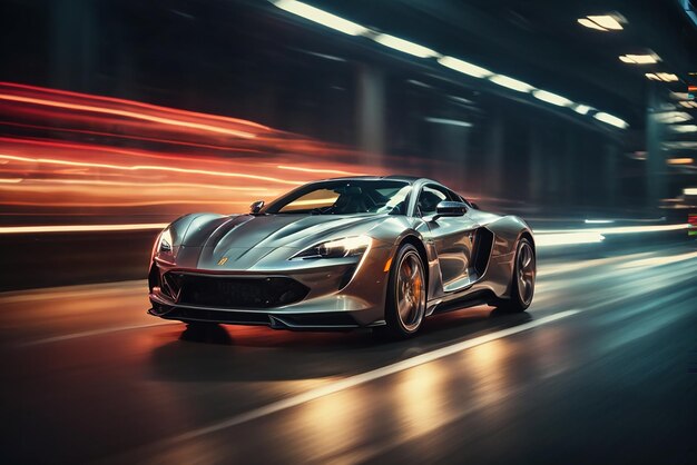 Speeding Sports Car On Neon Highway Powerful acceleration of a supercar on colorful lights and trails