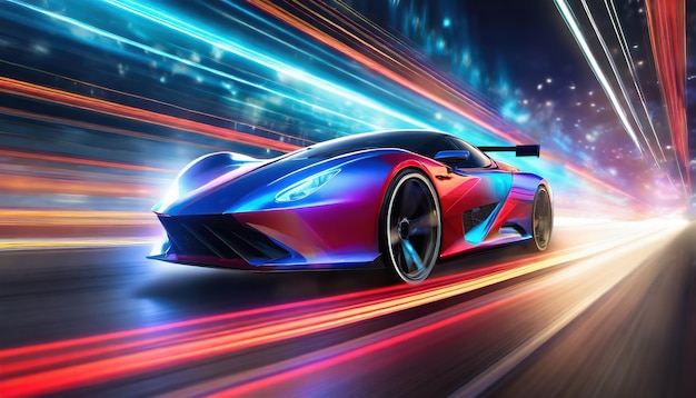 Быстрая спортивная машина на неоновом шоссе Мощное ускорение суперкара на ночной трассе