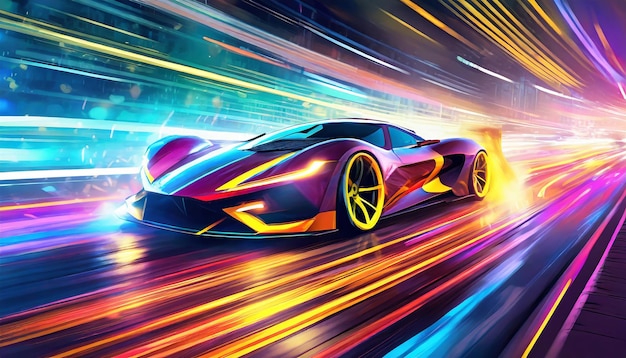 Speeding Sports Car On Neon Highway Powerful acceleration of a supercar on a night track