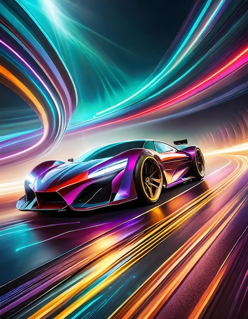 Speeding Sports Car On Neon Highway Powerful acceleration of a supercar on a night track