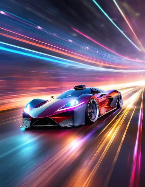 Speeding Sports Car On Neon Highway Powerful acceleration of a supercar on a night track