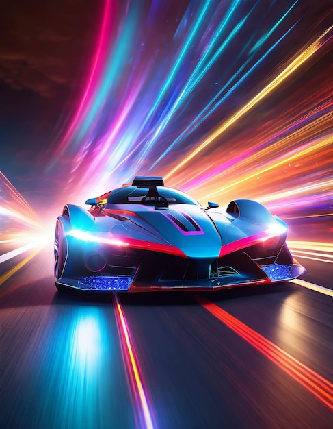 Speeding Sports Car On Neon Highway Powerful acceleration of a supercar on a night track