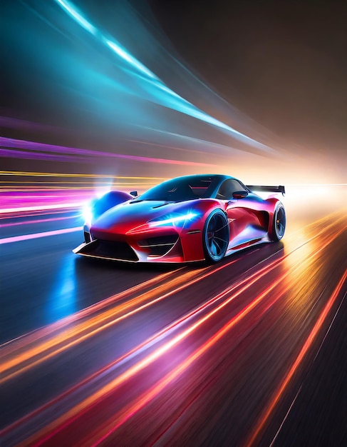 Speeding Sports Car On Neon Highway Powerful acceleration of a supercar on a night track