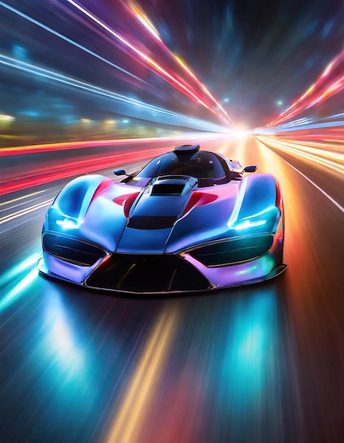 Photo speeding sports car on neon highway powerful acceleration of a supercar on a night track