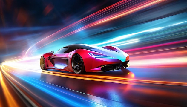 Speeding Sports Car On Neon Highway Powerful acceleration of a supercar on a night track