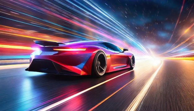 Speeding Sports Car On Neon Highway Powerful acceleration of a supercar on a night track