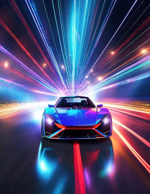 Speeding Sports Car On Neon Highway Powerful acceleration of a supercar on a night track