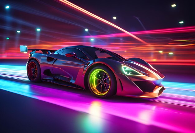 Speeding Sports Car On Neon Highway