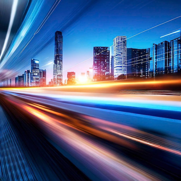 スピードを上げた電車が夕暮れ時に未来的な都市のスカイラインを照らす