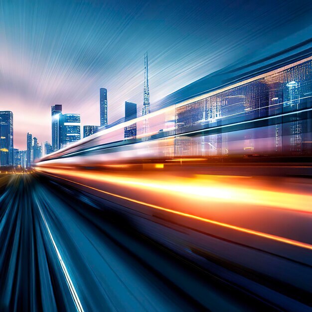 Speeding train illuminates futuristic city skyline at dusk