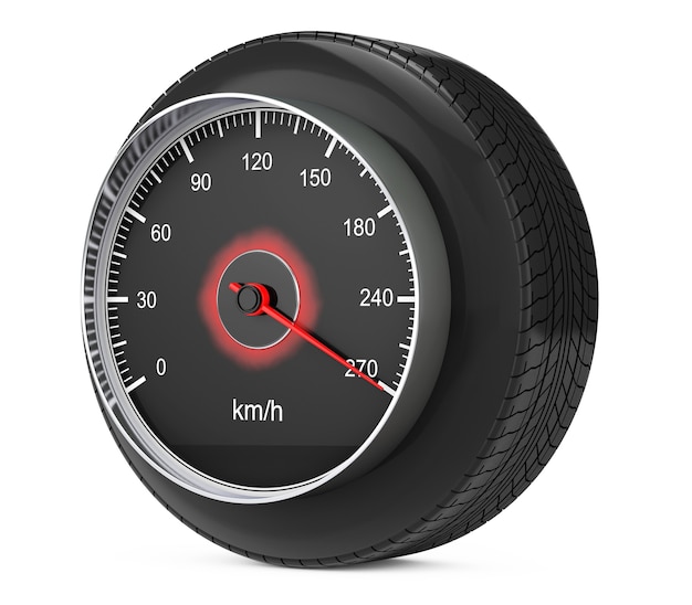 Speedometer in Car Wheel Tyre on a white background. 3d Rendering