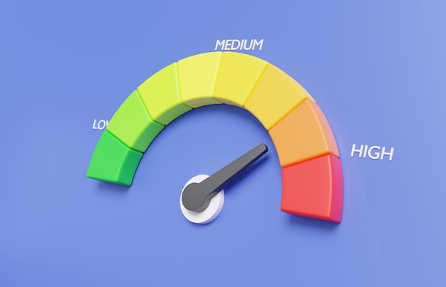 Speedometer icon infographic arrow point scale speed high status red Performance pointer rating risk levels meter tachometer on purple background 3d render illustration