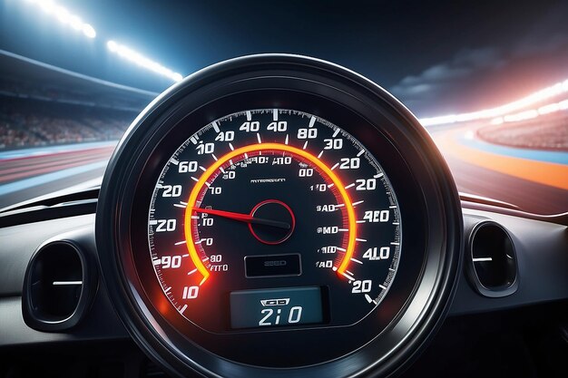 Photo speedometer scoring high speed in a fast motion blur racetrack background speeding car background