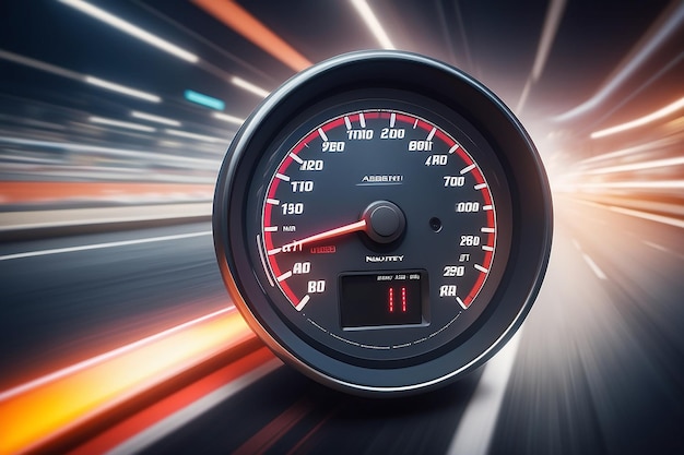 Photo speedometer scoring high speed in a fast motion blur racetrack background speeding car background