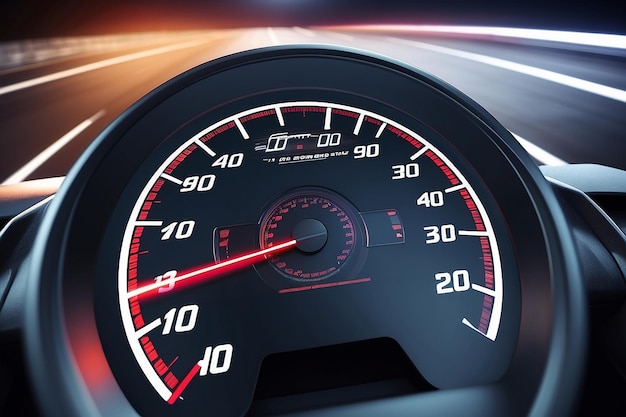 Photo speedometer scoring high speed in a fast motion blur racetrack background speeding car background