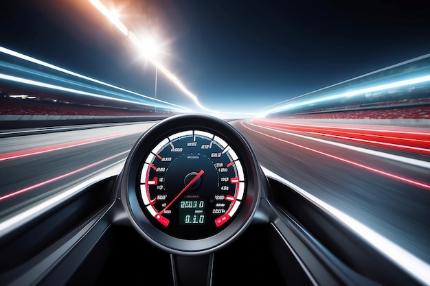 Photo speedometer scoring high speed in a fast motion blur racetrack background speeding car background