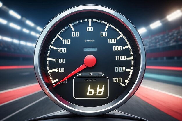 Photo speedometer scoring high speed in a fast motion blur racetrack background speeding car background