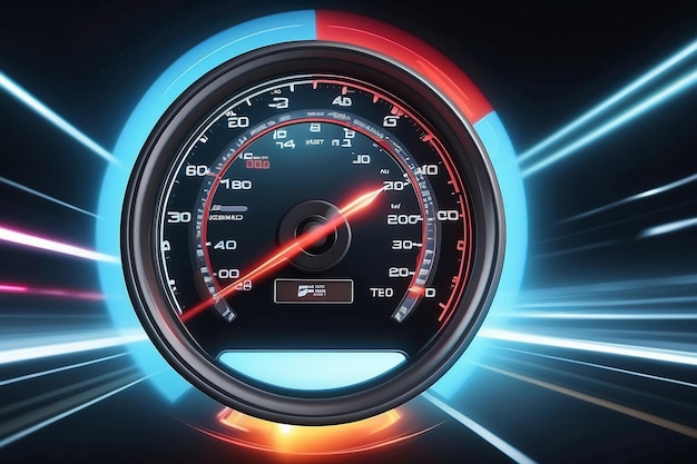 Photo speedometer scoring high speed in a fast motion blur racetrack background