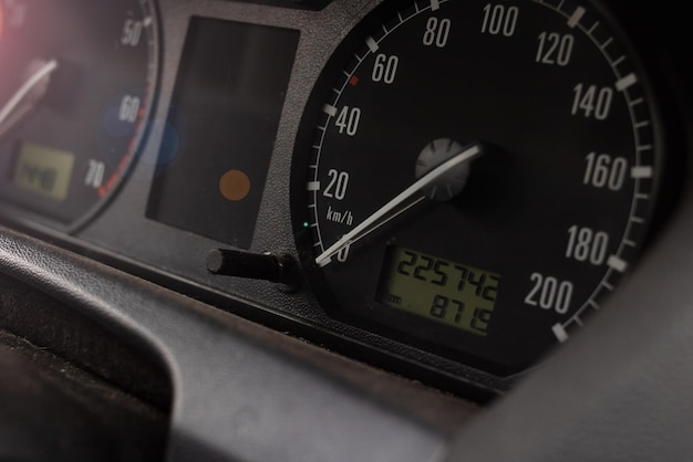 Speedometer with an arrow at zero closeup