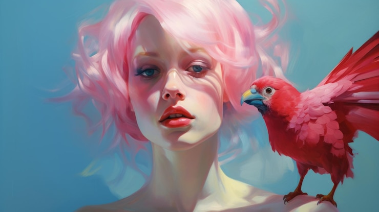 Photo speedpainting of a female with pink hair and parrot on shoulder