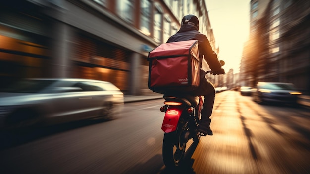 夕暮れ に 行動 し て いる 速い 配達 の モーター サイクル 配達 員