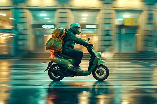 Photo speedy delivery urban courier racing through city streets on green moped with cubeshaped delivery bag