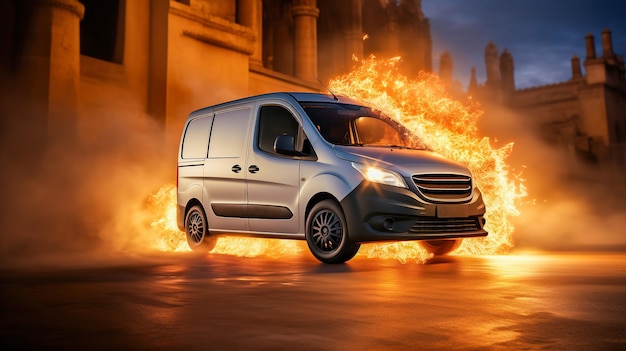 Speedy Package Delivery Van with a Fiery Trail of Fire for Swift Shipping