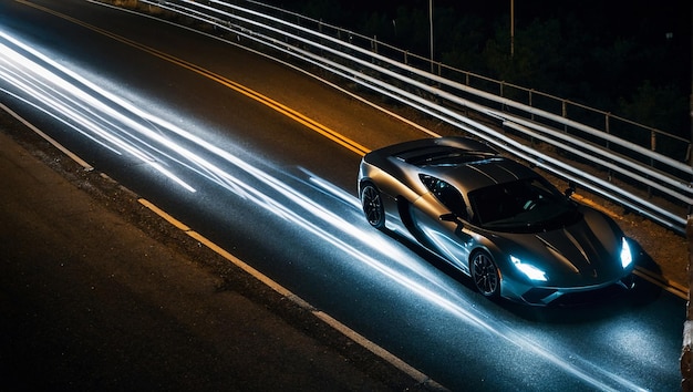 Photo speedy sports car on the road at night capturing the photo from top view with long exposer