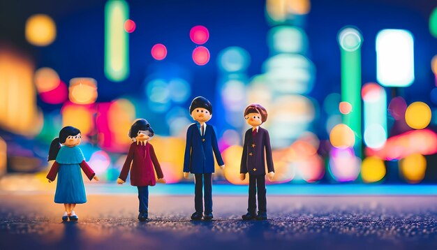 Speelgoedfiguren die elkaars hand vasthouden en op de stoep lopen in het neonlicht van een drukke stad