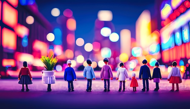 Speelgoedfiguren die elkaars hand vasthouden en op de stoep lopen in het neonlicht van een drukke stad